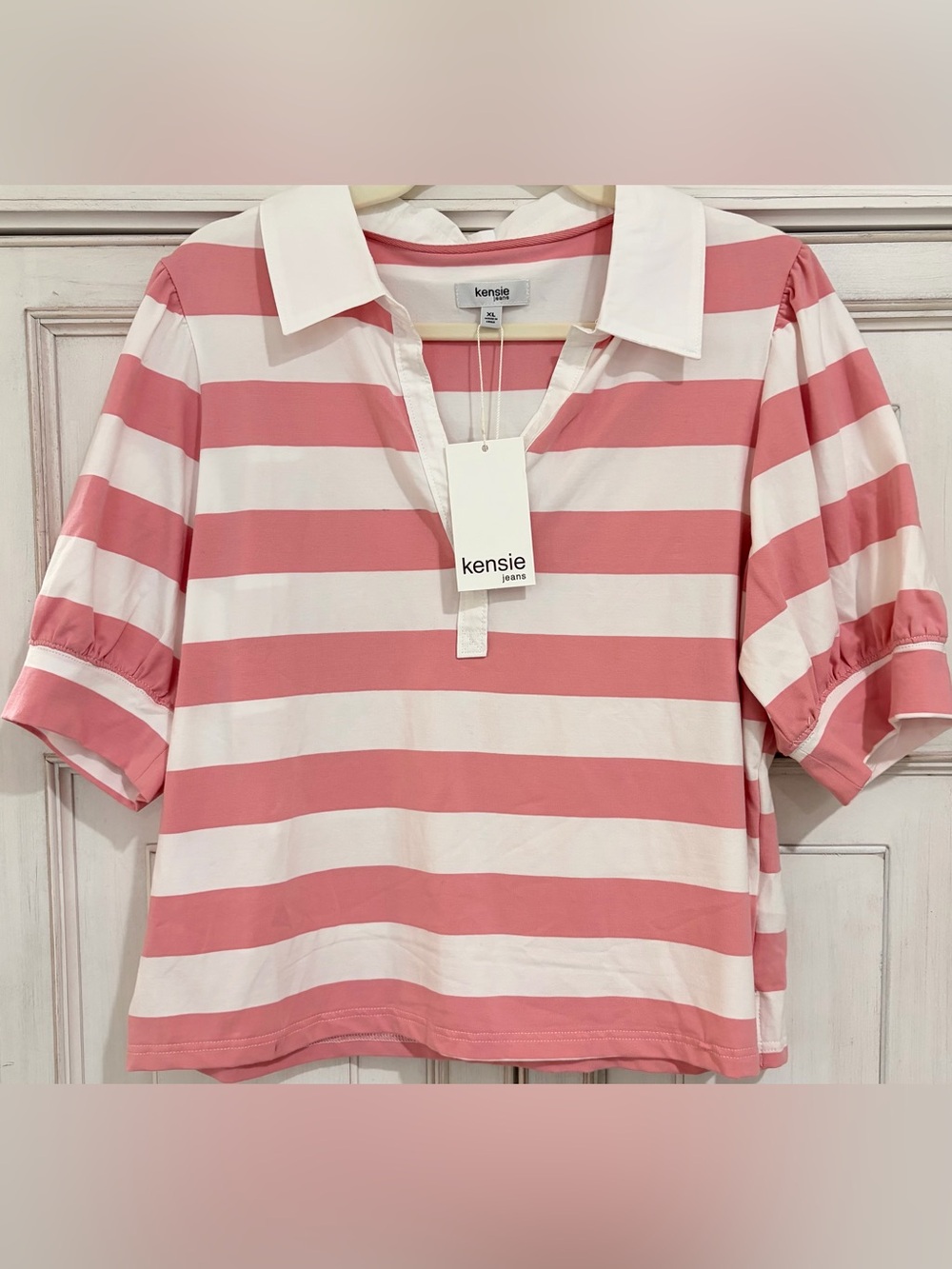 NWT SZ XL Kensie Coral Pink & White Striped Polo Shirt
